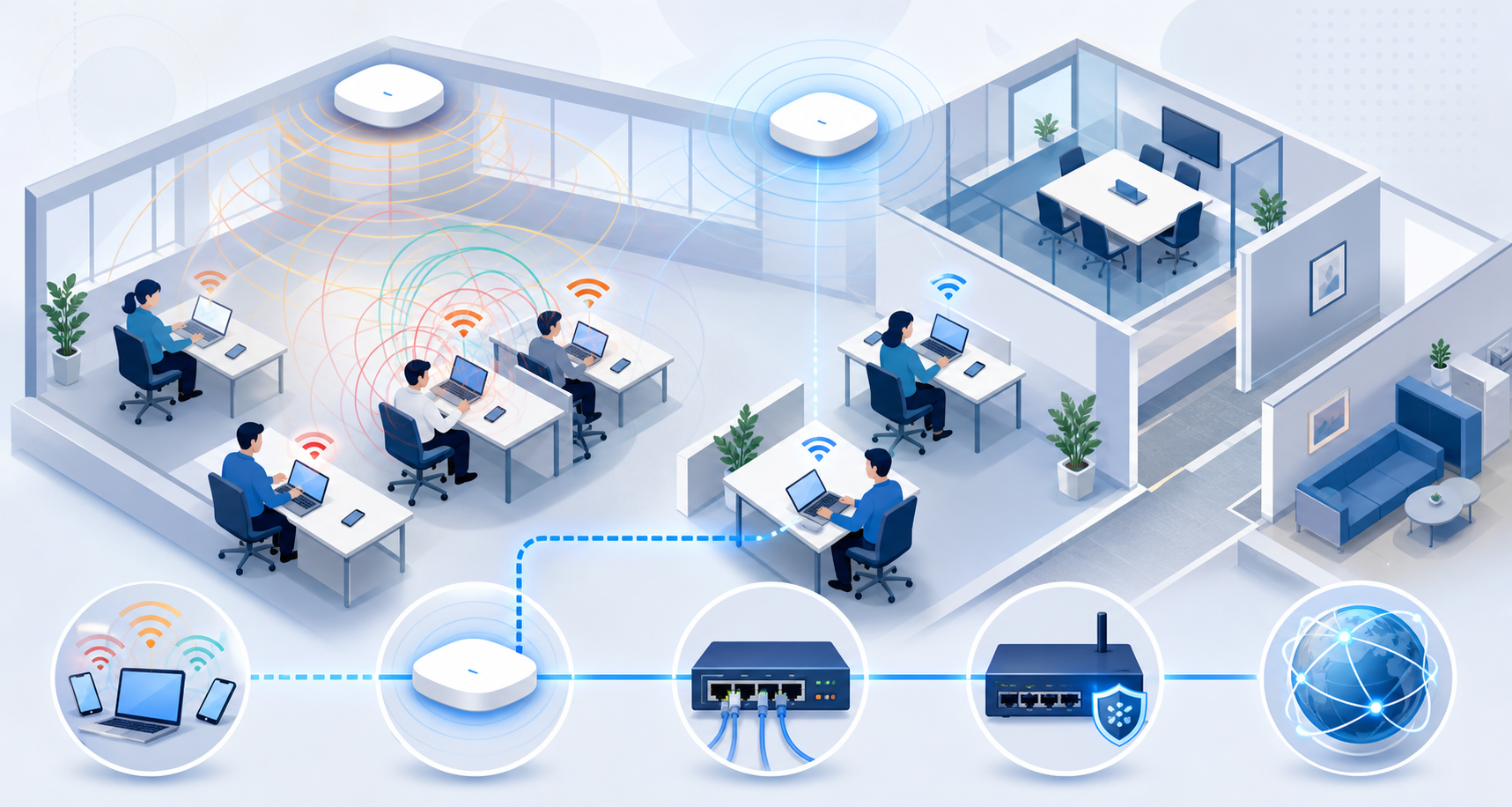 社内Wi-Fiの電波干渉とネットワーク経路を示すオフィス図
